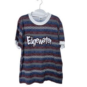 Vintage Sun Triangle Crewneck Tee Striped Geometric Blue S-M Y2k Made in the USA